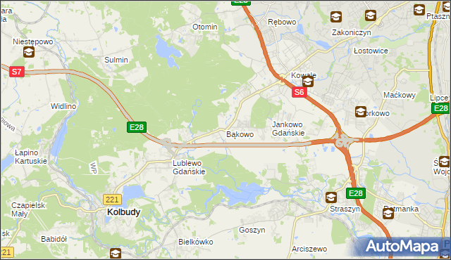 mapa Bąkowo gmina Kolbudy, Bąkowo gmina Kolbudy na mapie Targeo