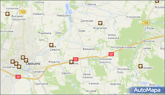 mapa Bielowice gmina Opoczno, Bielowice gmina Opoczno na mapie Targeo