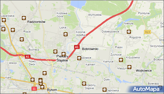 mapa Bobrowniki powiat będziński, Bobrowniki powiat będziński na mapie Targeo