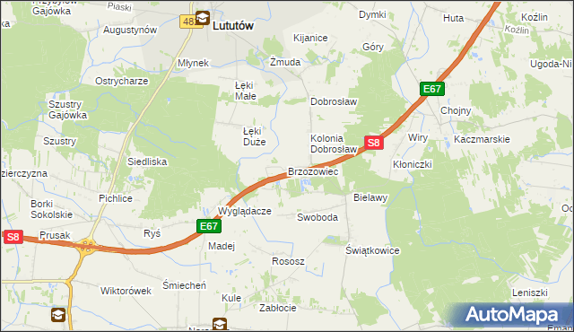 mapa Brzozowiec gmina Lututów, Brzozowiec gmina Lututów na mapie Targeo