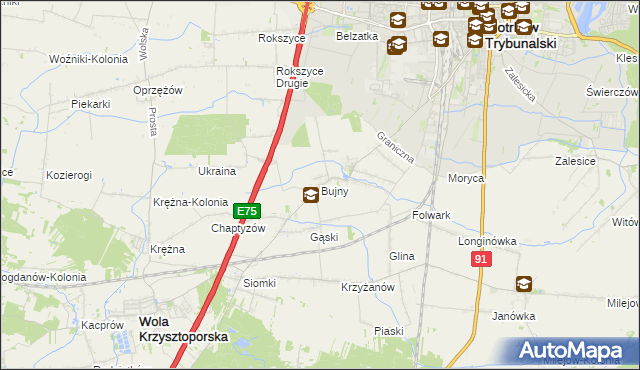 mapa Bujny gmina Wola Krzysztoporska, Bujny gmina Wola Krzysztoporska na mapie Targeo