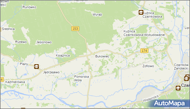 mapa Bukowiec gmina Czarnków, Bukowiec gmina Czarnków na mapie Targeo