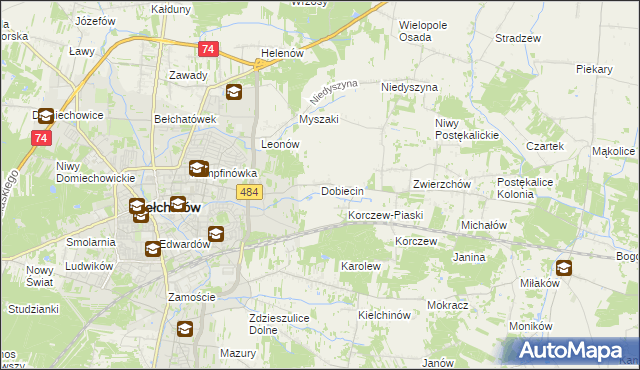 mapa Dobiecin gmina Bełchatów, Dobiecin gmina Bełchatów na mapie Targeo