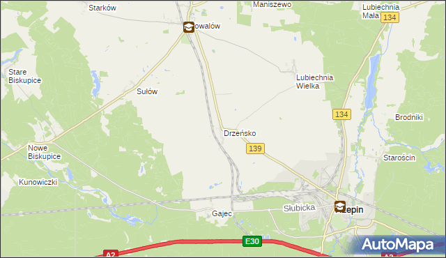 mapa Drzeńsko gmina Rzepin, Drzeńsko gmina Rzepin na mapie Targeo