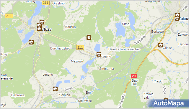 mapa Dzierżążno gmina Kartuzy, Dzierżążno gmina Kartuzy na mapie Targeo