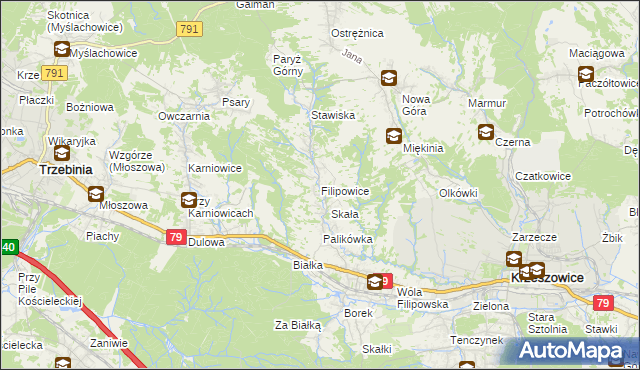 mapa Filipowice gmina Krzeszowice, Filipowice gmina Krzeszowice na mapie Targeo