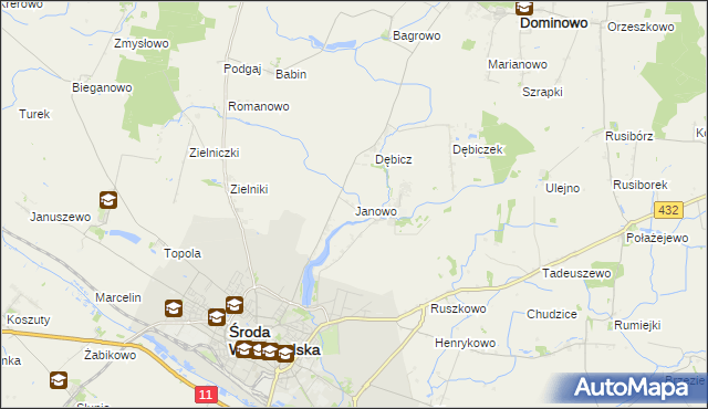 mapa Janowo gmina Środa Wielkopolska, Janowo gmina Środa Wielkopolska na mapie Targeo