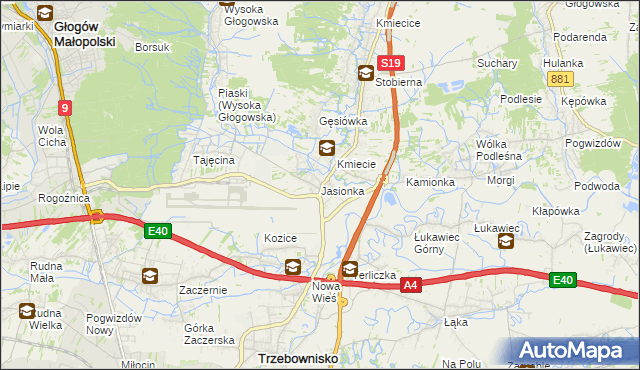mapa Jasionka gmina Trzebownisko, Jasionka gmina Trzebownisko na mapie Targeo
