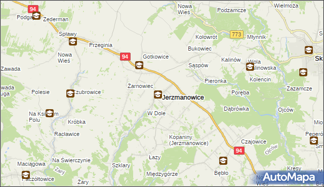 mapa Jerzmanowice gmina Jerzmanowice-Przeginia, Jerzmanowice gmina Jerzmanowice-Przeginia na mapie Targeo