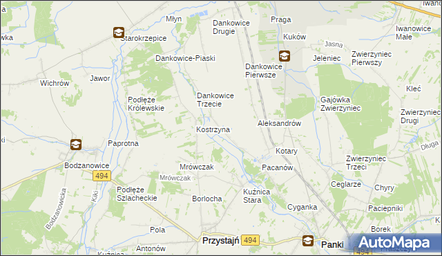 mapa Kostrzyna gmina Panki, Kostrzyna gmina Panki na mapie Targeo