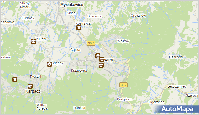 mapa Kowary powiat jeleniogórski, Kowary powiat jeleniogórski na mapie Targeo