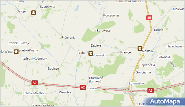 mapa Kożuszki gmina Międzyrzec Podlaski, Kożuszki gmina Międzyrzec Podlaski na mapie Targeo