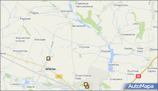 mapa Krzyków gmina Wilków, Krzyków gmina Wilków na mapie Targeo