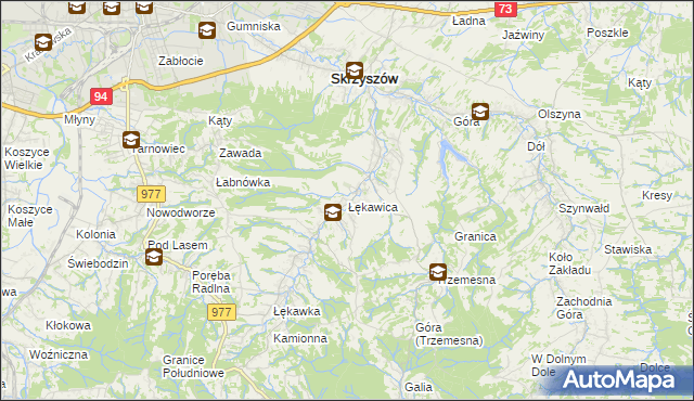 mapa Łękawica gmina Skrzyszów, Łękawica gmina Skrzyszów na mapie Targeo