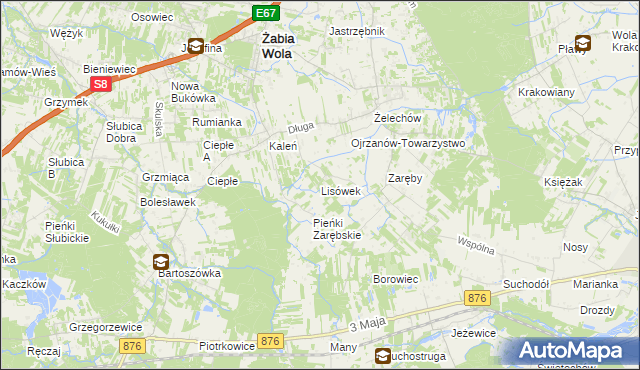 mapa Lisówek gmina Żabia Wola, Lisówek gmina Żabia Wola na mapie Targeo