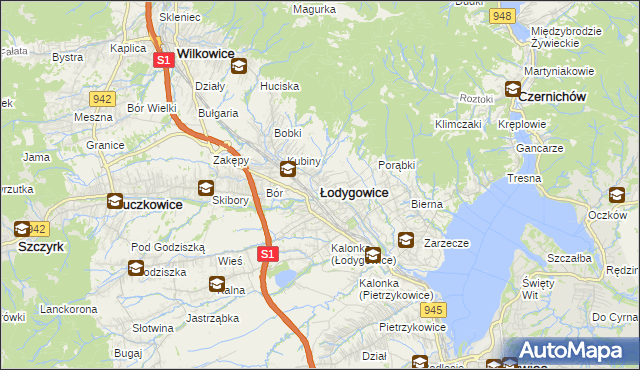 mapa Łodygowice powiat żywiecki, Łodygowice powiat żywiecki na mapie Targeo