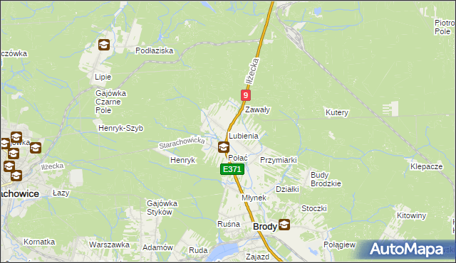 mapa Lubienia gmina Brody, Lubienia gmina Brody na mapie Targeo
