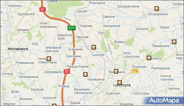 mapa Łuczyce gmina Kocmyrzów-Luborzyca, Łuczyce gmina Kocmyrzów-Luborzyca na mapie Targeo
