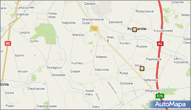mapa Malewo gmina Krzyżanów, Malewo gmina Krzyżanów na mapie Targeo