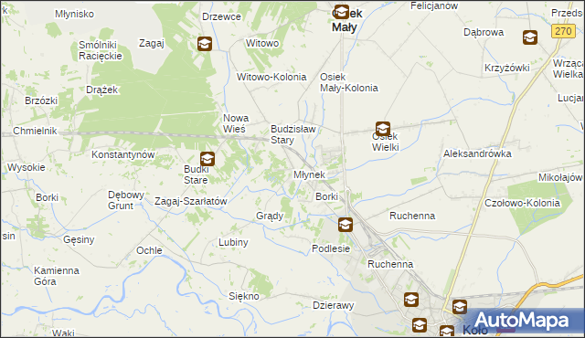 mapa Młynek gmina Osiek Mały, Młynek gmina Osiek Mały na mapie Targeo