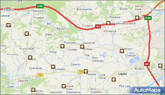 mapa Mników gmina Liszki, Mników gmina Liszki na mapie Targeo