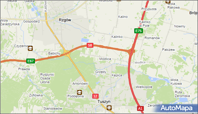 mapa Modlica gmina Tuszyn, Modlica gmina Tuszyn na mapie Targeo