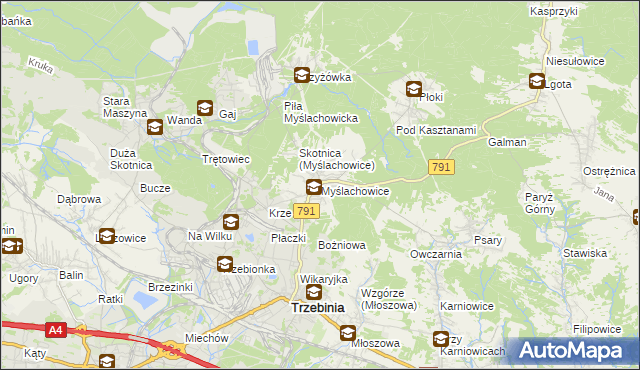 mapa Myślachowice, Myślachowice na mapie Targeo