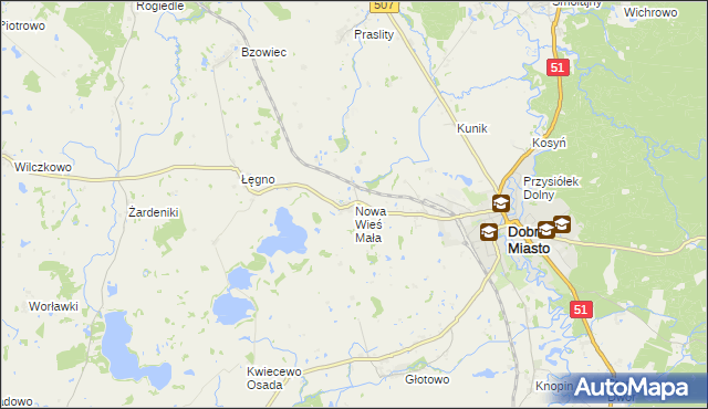 mapa Nowa Wieś Mała gmina Dobre Miasto, Nowa Wieś Mała gmina Dobre Miasto na mapie Targeo