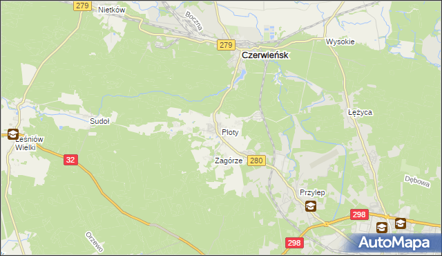 mapa Płoty gmina Czerwieńsk, Płoty gmina Czerwieńsk na mapie Targeo