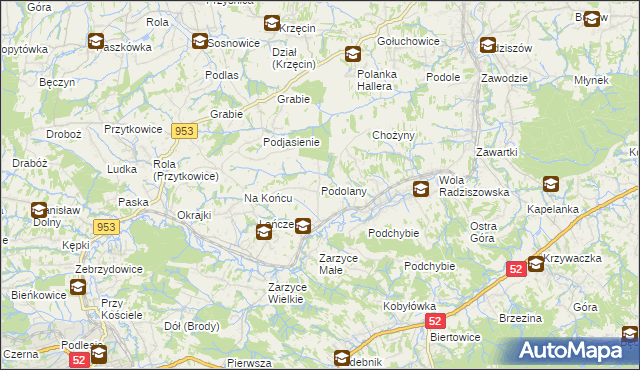 mapa Podolany gmina Kalwaria Zebrzydowska, Podolany gmina Kalwaria Zebrzydowska na mapie Targeo