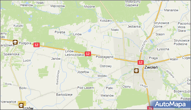mapa Podzagajnik gmina Zwoleń, Podzagajnik gmina Zwoleń na mapie Targeo