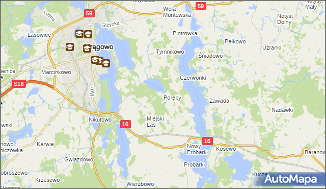 mapa Poręby gmina Mrągowo, Poręby gmina Mrągowo na mapie Targeo