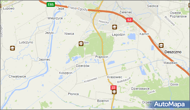 mapa Prądocin gmina Deszczno, Prądocin gmina Deszczno na mapie Targeo