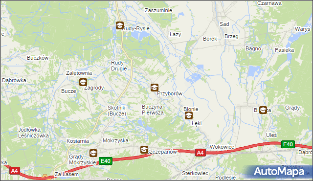mapa Przyborów gmina Borzęcin, Przyborów gmina Borzęcin na mapie Targeo