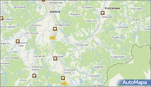 mapa Przyborów gmina Jeleśnia, Przyborów gmina Jeleśnia na mapie Targeo