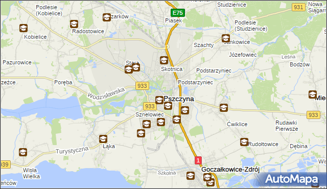 mapa Pszczyny, Pszczyna na mapie Targeo