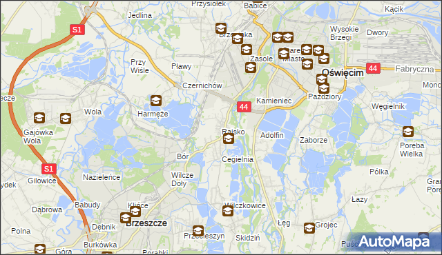 mapa Rajsko gmina Oświęcim, Rajsko gmina Oświęcim na mapie Targeo