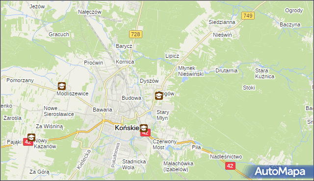 mapa Rogów gmina Końskie, Rogów gmina Końskie na mapie Targeo