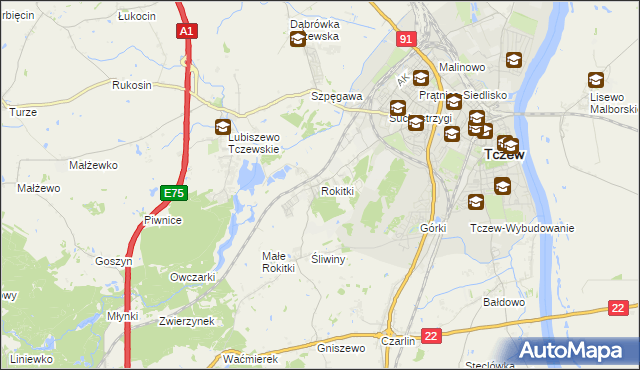 mapa Rokitki gmina Tczew, Rokitki gmina Tczew na mapie Targeo