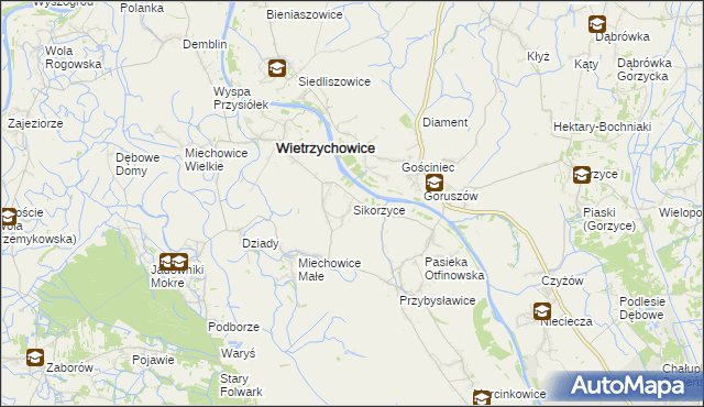 mapa Sikorzyce gmina Wietrzychowice, Sikorzyce gmina Wietrzychowice na mapie Targeo