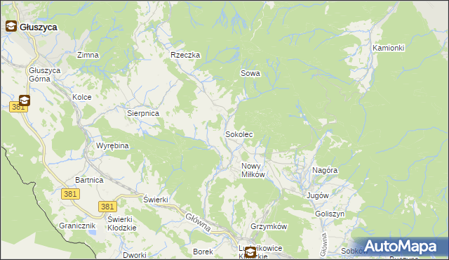 mapa Sokolec gmina Nowa Ruda, Sokolec gmina Nowa Ruda na mapie Targeo