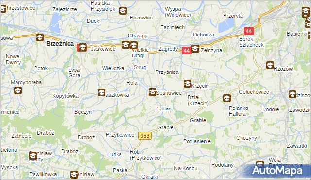 mapa Sosnowice gmina Brzeźnica, Sosnowice gmina Brzeźnica na mapie Targeo