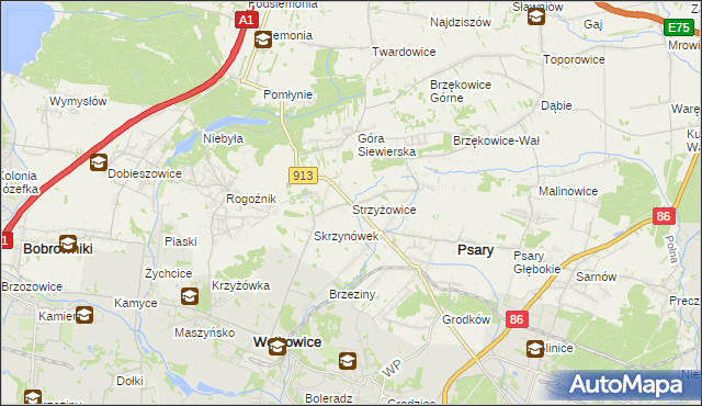 mapa Strzyżowice gmina Psary, Strzyżowice gmina Psary na mapie Targeo