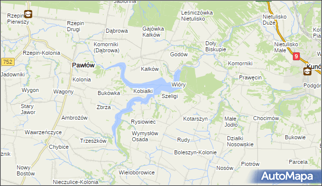 mapa Szeligi gmina Pawłów, Szeligi gmina Pawłów na mapie Targeo
