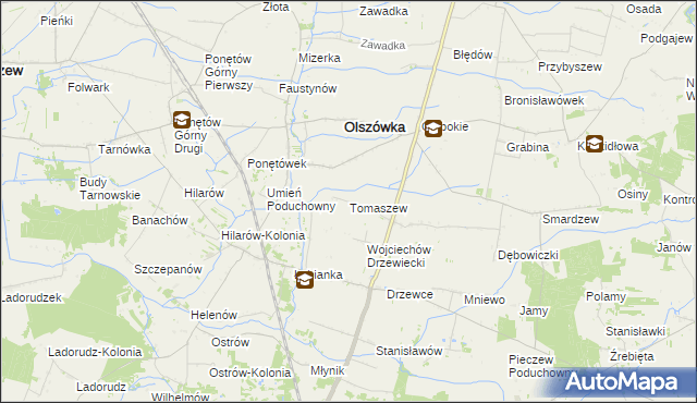 mapa Tomaszew gmina Olszówka, Tomaszew gmina Olszówka na mapie Targeo