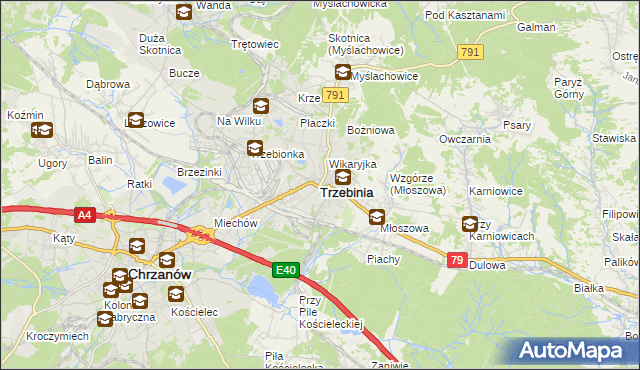 mapa Trzebinia powiat chrzanowski, Trzebinia powiat chrzanowski na mapie Targeo