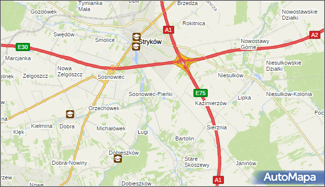 mapa Warszewice gmina Stryków, Warszewice gmina Stryków na mapie Targeo