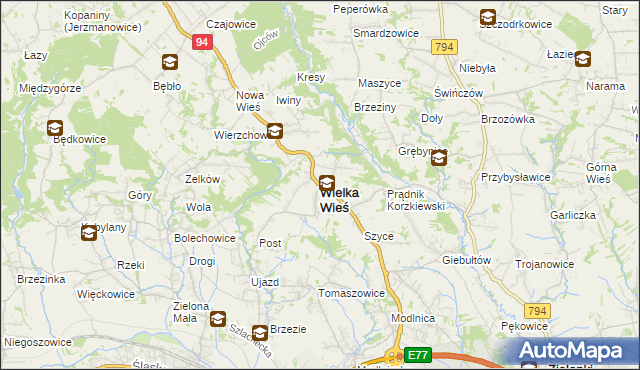 mapa Wielka Wieś powiat krakowski, Wielka Wieś powiat krakowski na mapie Targeo
