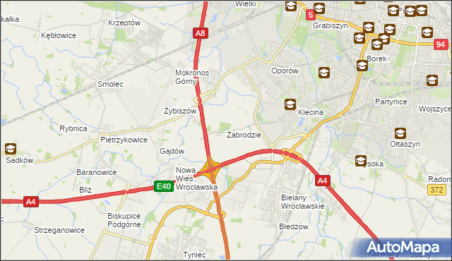 mapa Zabrodzie gmina Kąty Wrocławskie, Zabrodzie gmina Kąty Wrocławskie na mapie Targeo