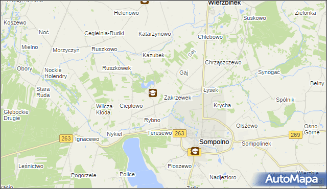 mapa Zakrzewek gmina Wierzbinek, Zakrzewek gmina Wierzbinek na mapie Targeo